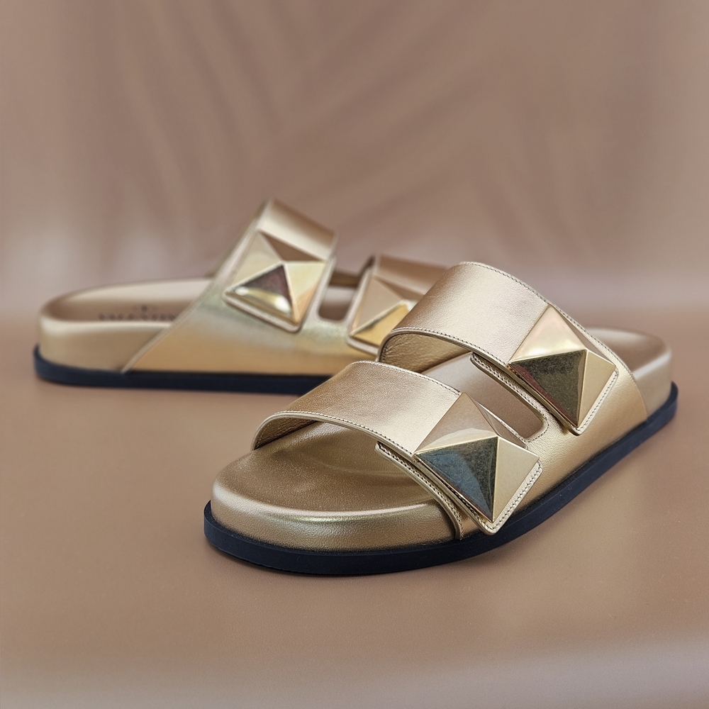 Valentino Garavani Size 8 Antique Brass Gold Pyramid Stud Slides Sandal Boho